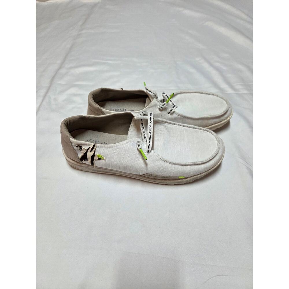 Hey Dude White Canvas Boat Shoes with Neon Green Accents - Picture 2 of 6
